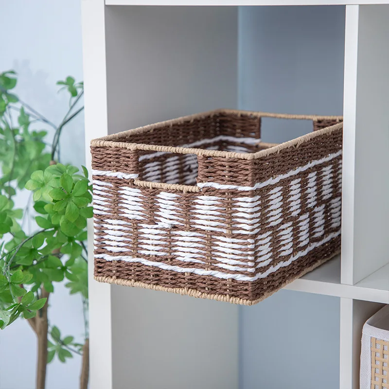 

Factory direct sales of new products, rectangular white coffee color matching paper rope storage, handle storage basket on both