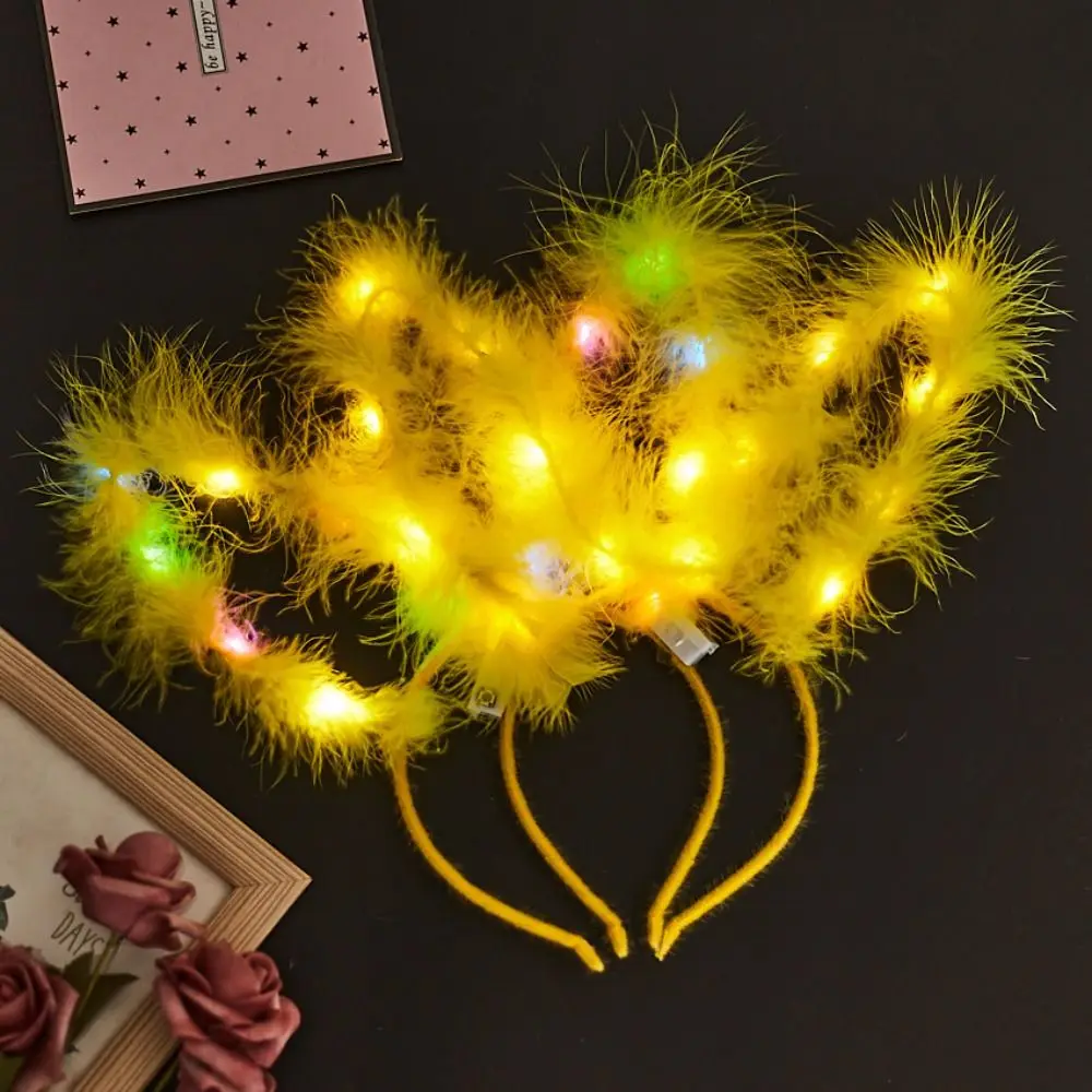 LED Feather Rabbit Ear Headband Luminous Headdress Bunny Ears Hairband Hair Hoop for Women Christmas New Year Party