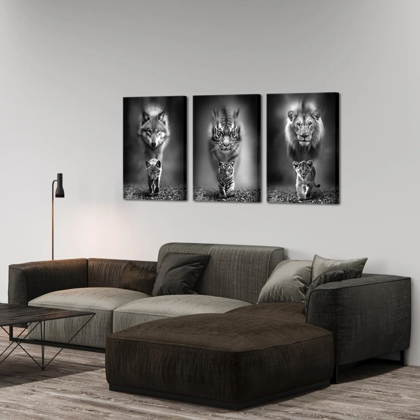 Set of 3 Black and White Wildlife Canvas Prints -  Animal Artwork with Wolf, Tiger, Lion Parent and Cub Designs - Frameless, Dec