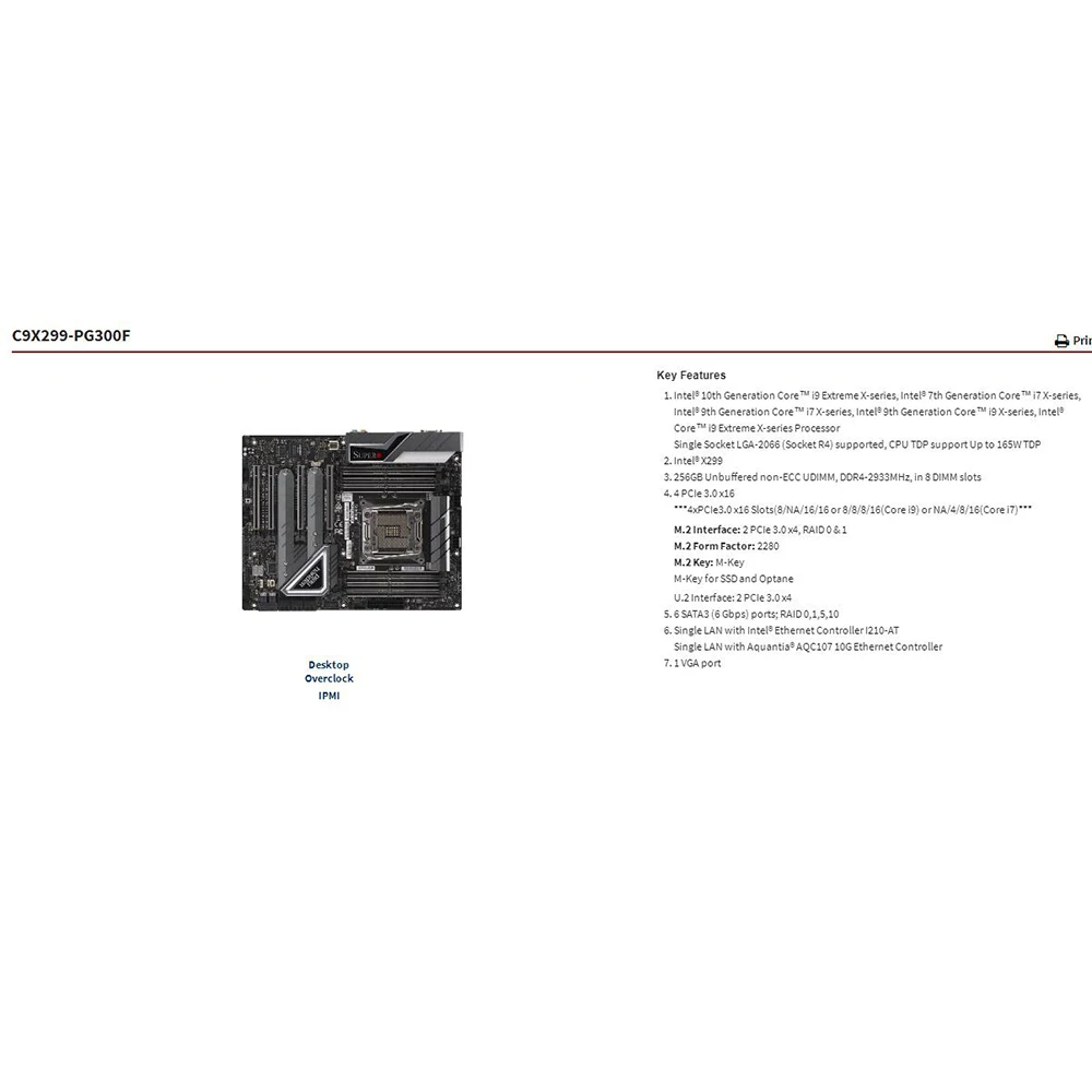 For Supermicro C9X299-PG300F Motherboard i7 i9 X-series Processor LGA-2066 DDR4-2933MHz PCI-E3.0 M.2 U.2