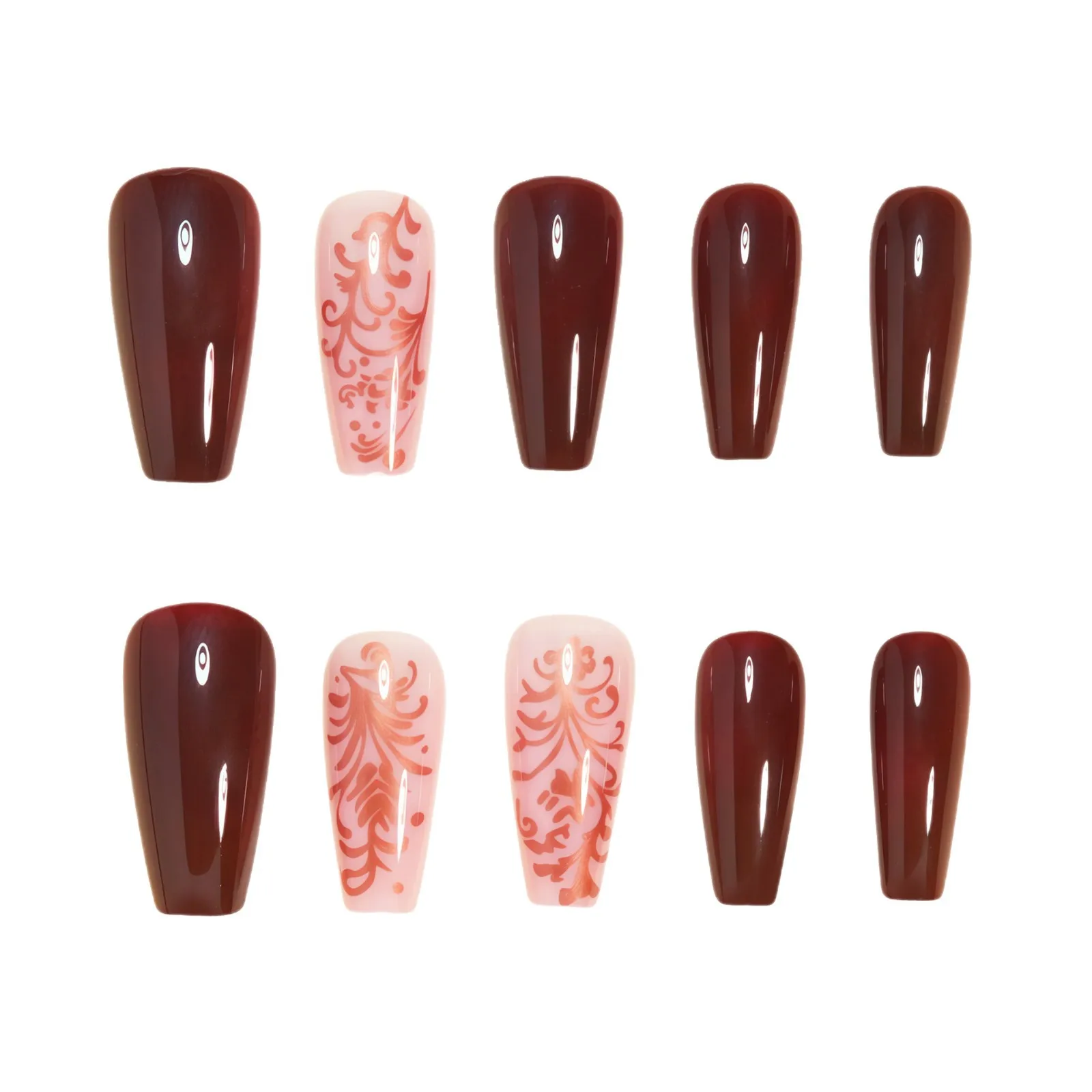 24 pçs vintage rosa ouro floral unhas falsas borgonha 3d gravado design unhas falsas luxo elegante quadrado imprensa em unhas para mulher