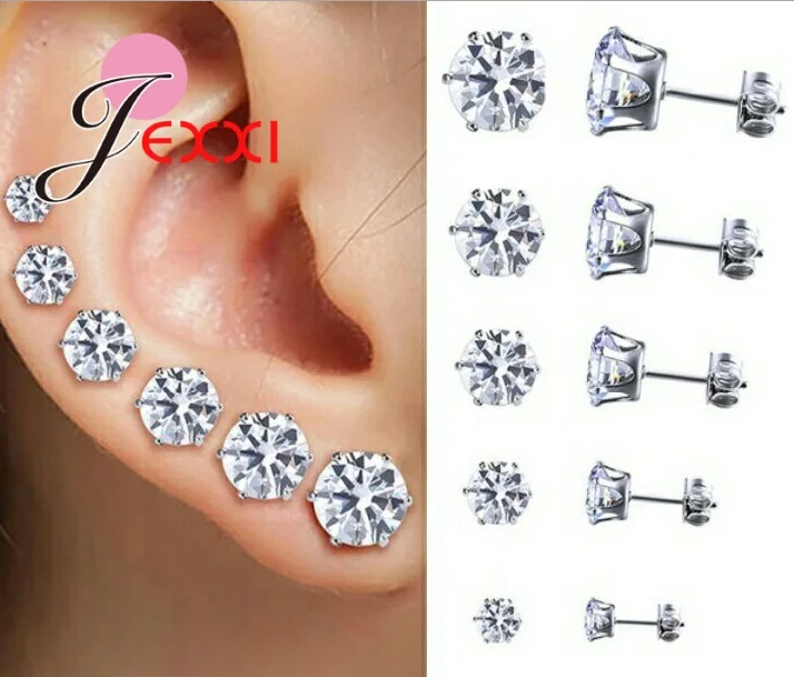 6 Pairs 3/4/5/6/7/8MM Mix Size 925 Silver Needle Rhinestone Claw Setting Simple Classic Stud Earrings for Man Woman Girl Boy