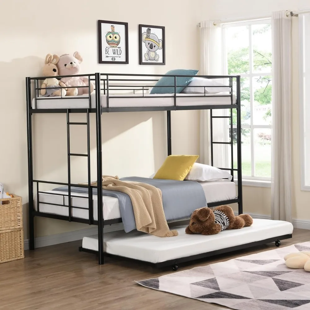 

Twin Over Twin Bunk Bed with Trundle, Metal Triple Bunk Beds w/Two Side Ladders & Safety Guard Rail, 3 in 1 Bunk Beds