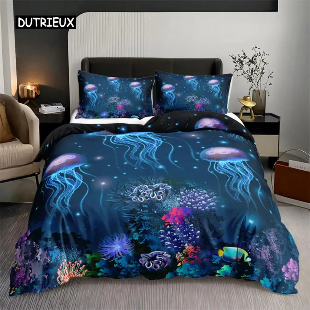 

Watercolor Jellyfish Duvet Cover Mermaid Kawaii Sea Turtle Bedding Set Full For Boys Girls Gift Sea Ocean Theme Comforter Cover