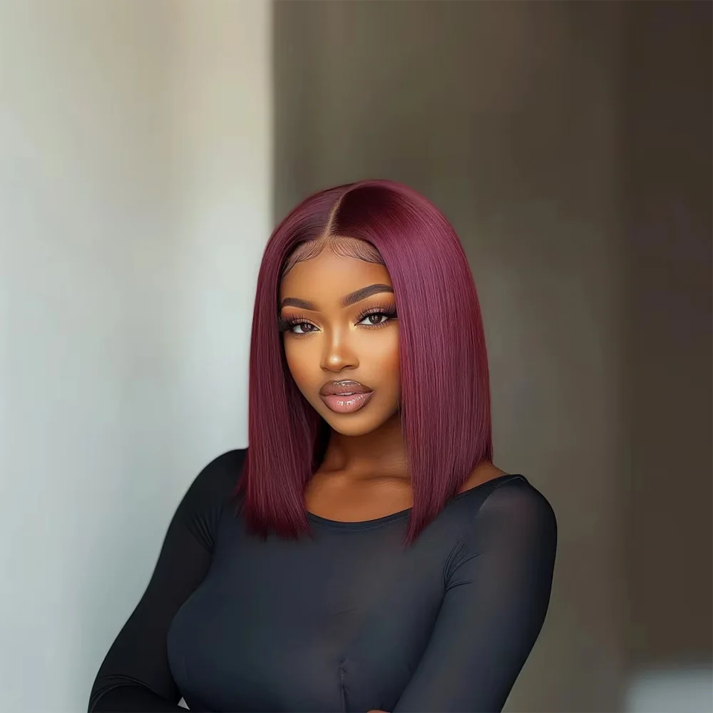 

Бордо # Короткие парики из натуральных бразильских волос 99J Red Wine Bob, предварительно подготовленные, с прозрачным HD-кружевом 13x6, для женщин.