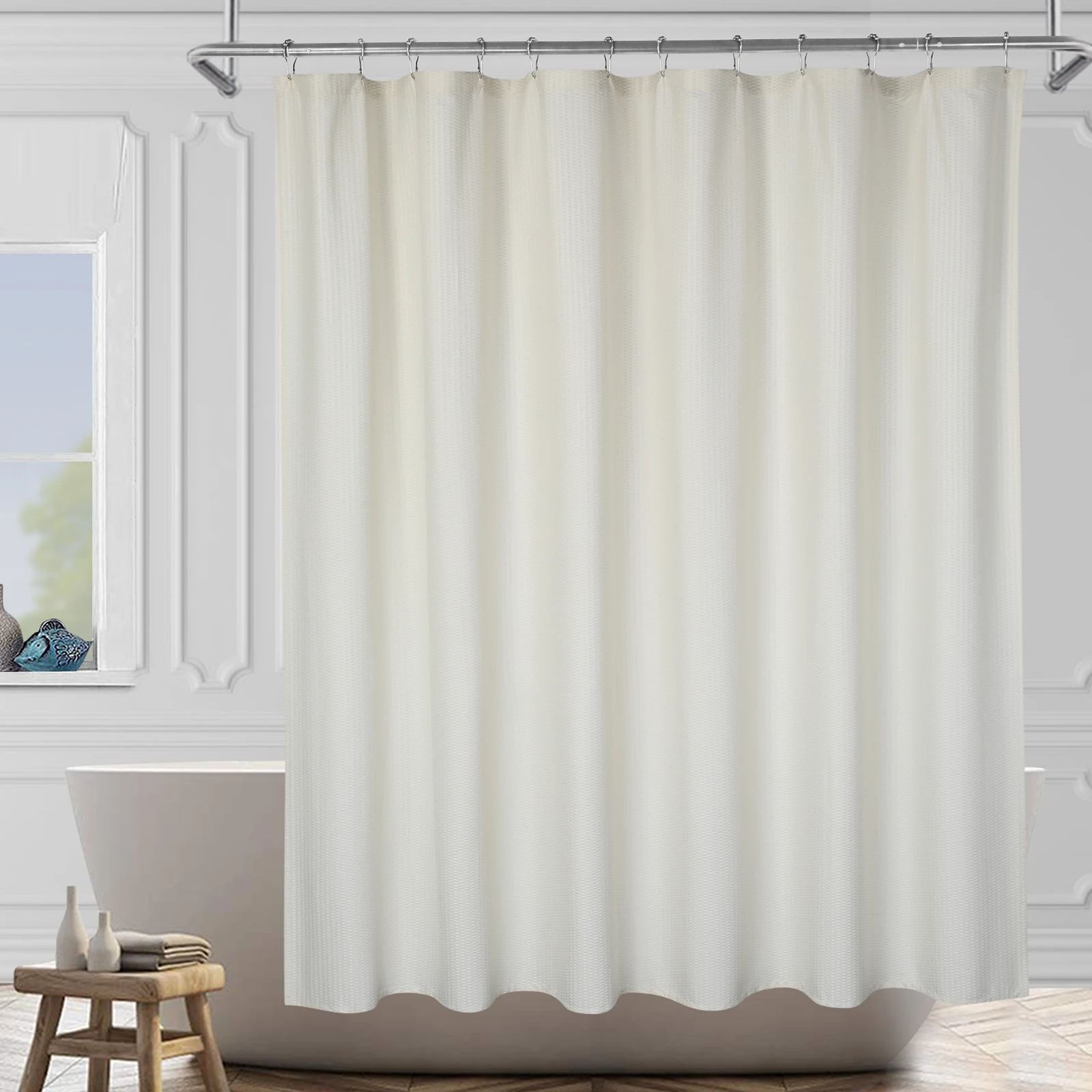 Tenda da doccia moderna in microfibra con trama a nido d’ape, impermeabile e ad asciugatura rapida, tessuto morbido e resistente, occhielli in acciaio inossidabile, texture in rilievo.