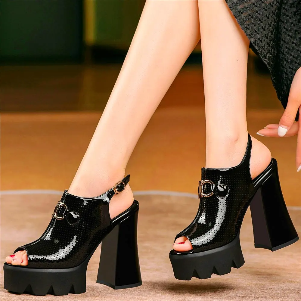 

Punk Goth Sandals Women's Genuine Leather Open Toe High Heels Platform Pumps Summer Ankle Boots Casual Shoe