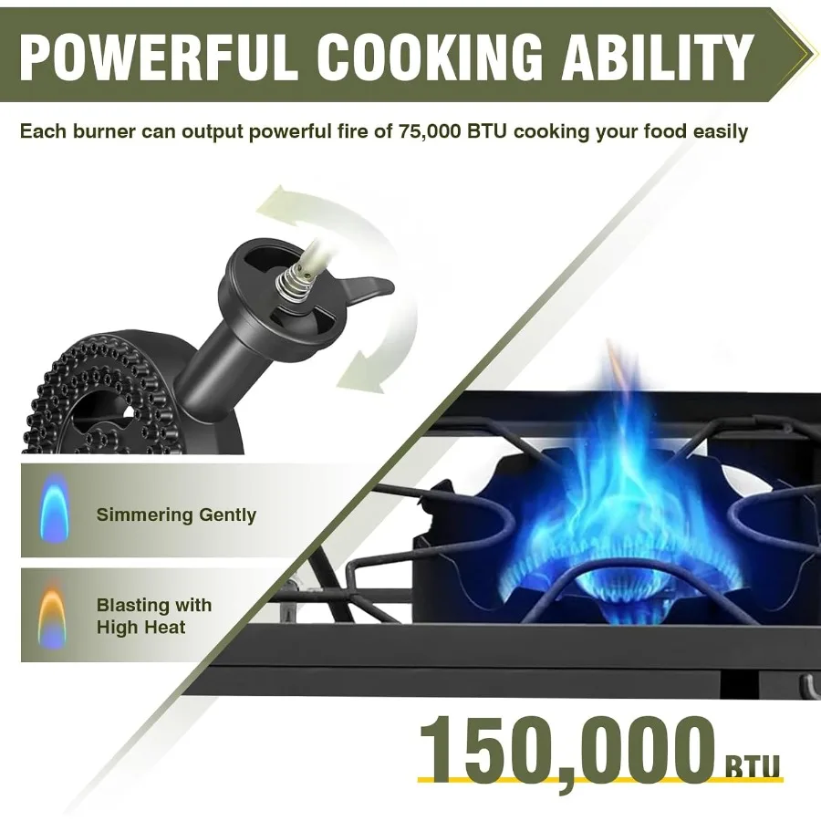 2 الموقد موقد للتخييم مع 150 000 وحدة حرارية بريطانية ارتفاع ضغط البروبان في الهواء الطلق 4ft 20 PSI خرطوم منظم قابل للتعديل وأرجل قابلة للإزالة I