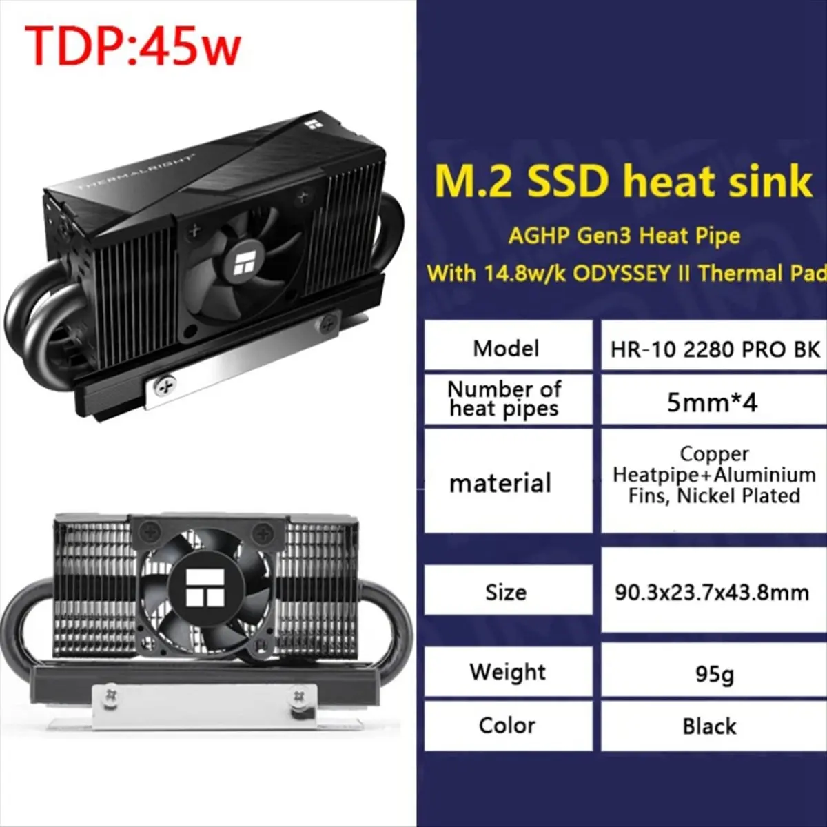 ABGN  -10 2280 State Drive Cooler 4 Heat Pipe Vest for PCI-E5.0 M.2 SSD Heat Sink with 4PIN PWM Fan(Black)