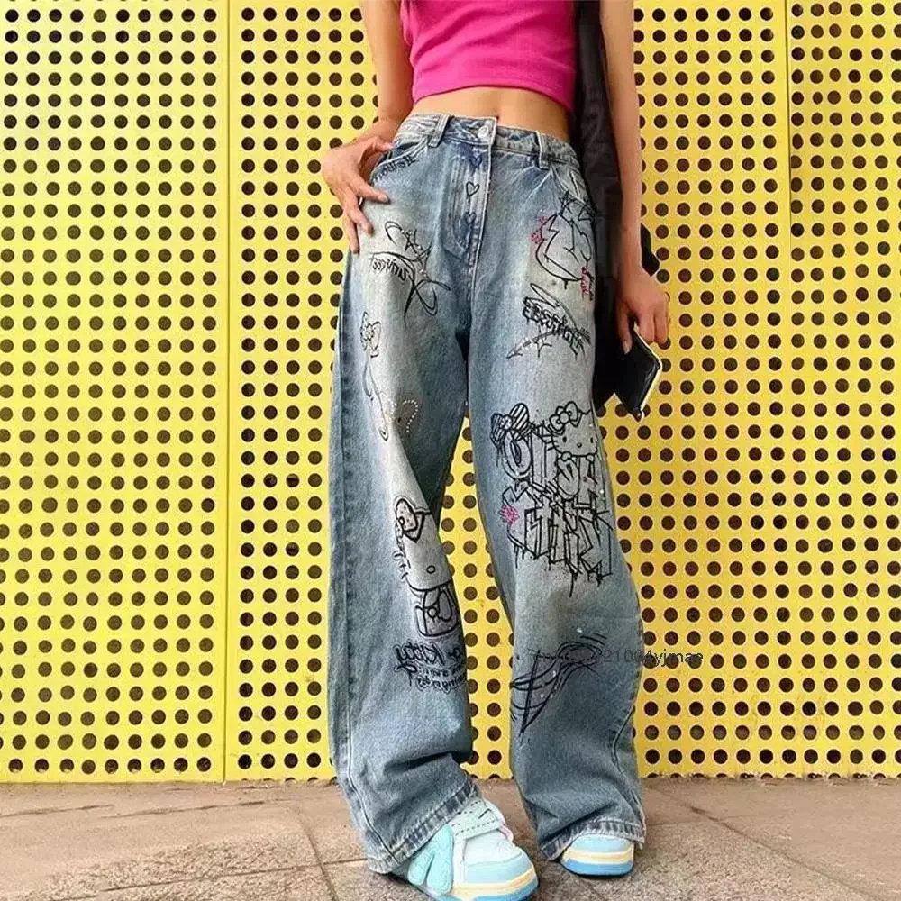 

Sanrio Hello Kitty Streetwear Women Wide Leg Pants Y2K Girl Jeans Vintage Casual Straight Trousers Cartoon Student Fashion Pants
