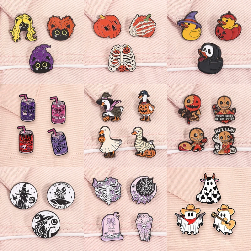 2-6pcs/set Spooky Halloween Animal Enamel Pins Funny Goose Skeleton Witch Cat Punk Bow Metal Brooches Lapel Badge Jewelry Gifts