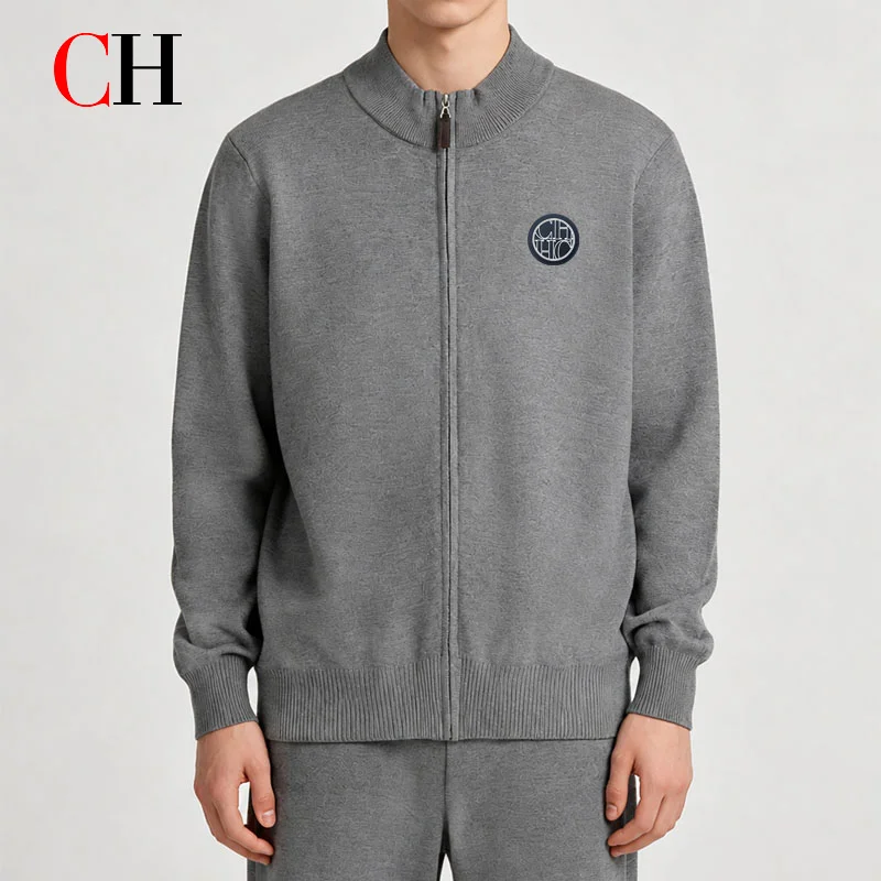 CH Men's Knit Zip Up Cardigan Sweater Stand Collar Long Sleeve Casual Slim Fit Warm Jacket Minimalist Logo Top