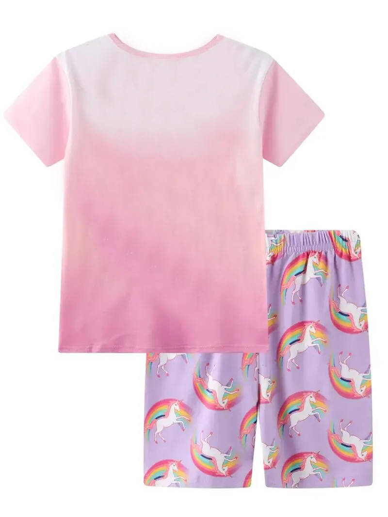 Girls Unicorn Print Pajamas Sets Short Sleeve T-shirt + Shorts Kids Clothes Summer