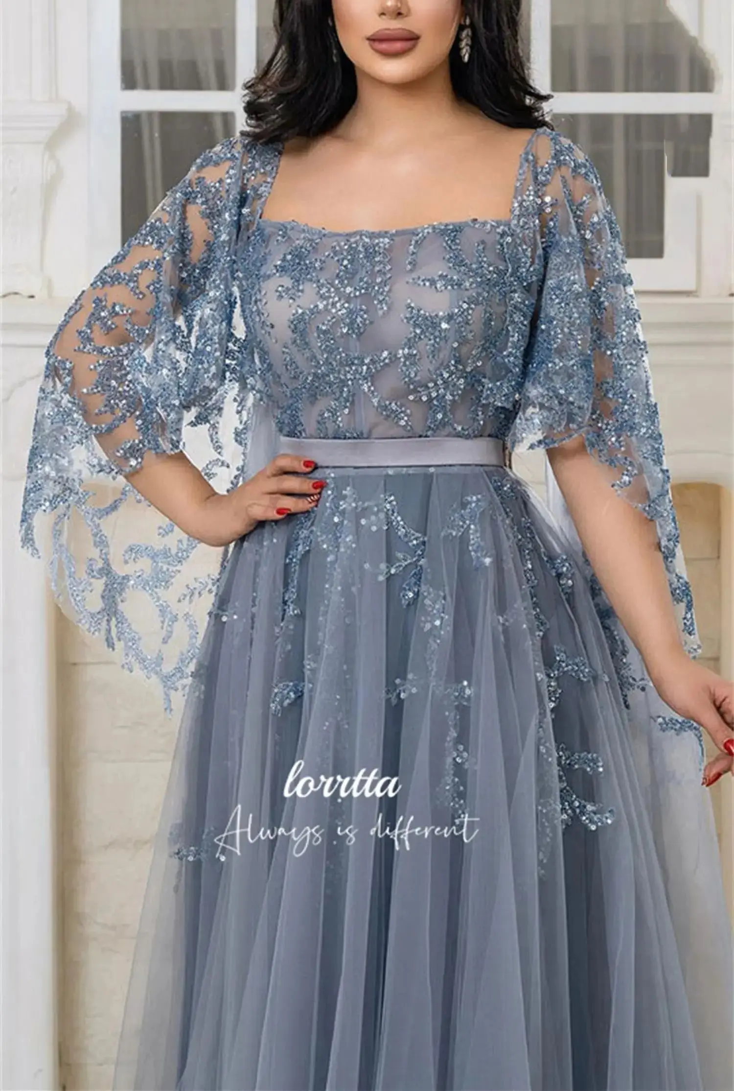 Line A Eid Al-fitr Glitter Decoration Evening Dress Gray Blue Celebrity Dresses With Long Sleeves Ball Gowns Formal Customized