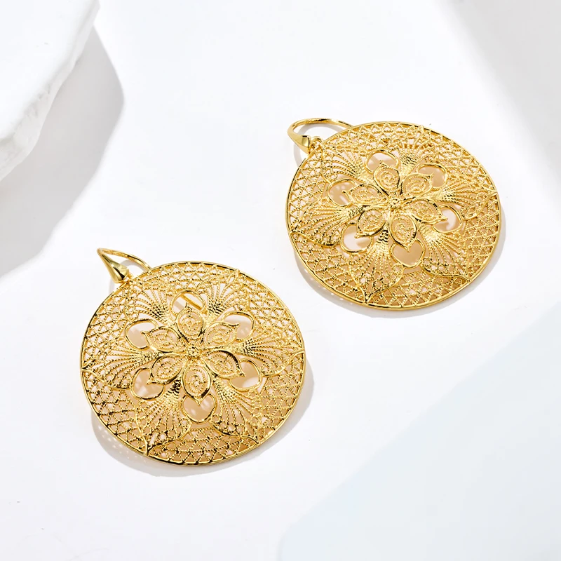 IVOG Hollow Out Floral Pattern Design Pendant Earrings For Women Gold Color Circle Earring Fashion Jewelry Gifts