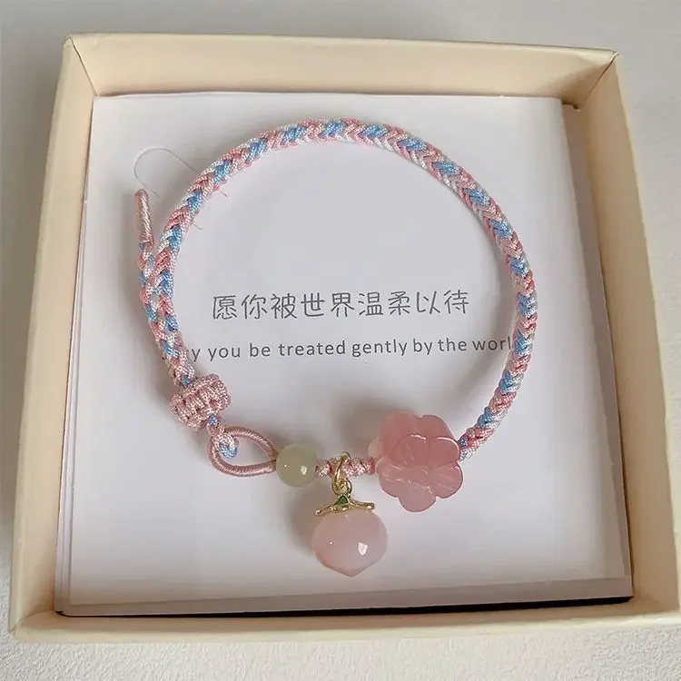 2026 New Hand-Made Peach Blossom Agate Hetian Jade Carrying Strap Hand-Woven Special-Interest Design Lucky Bracelet
