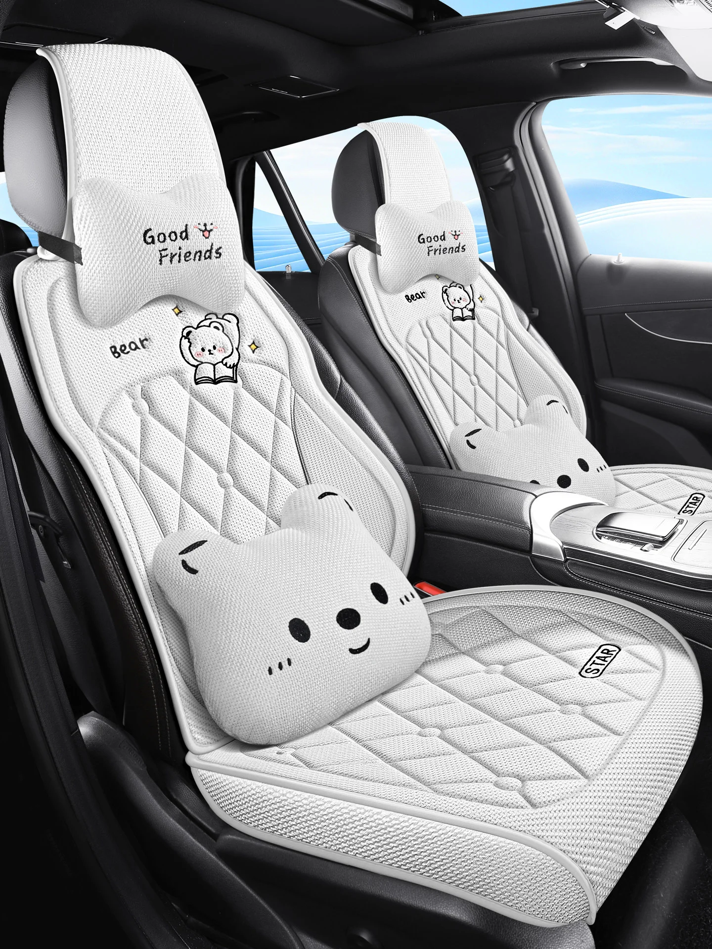 Linen Car Seat Cushion Breathable Mesh Split Seat Pad Cartoon Bear Seat Cover Universal Front Auto Neck Pillow Accessories
