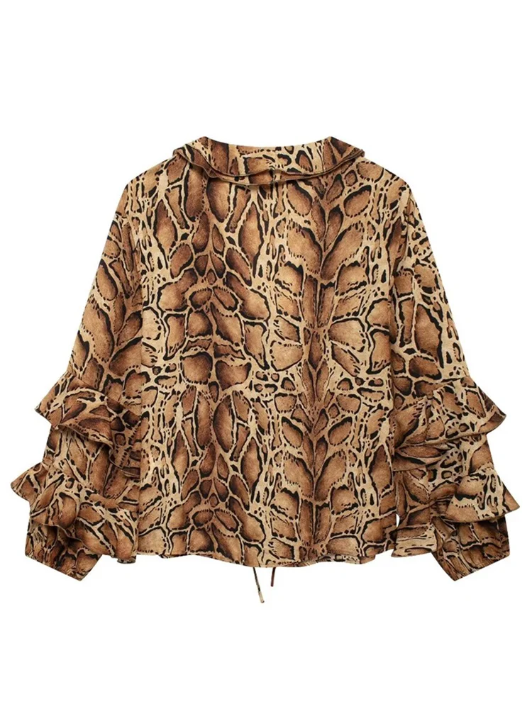 Zevity Women Vintage V Neck Cascading Ruffle Lantern Sleeve Leopard Smock Blouse Femme Lace Shirt Chic Chemise Blusa Tops LS7334