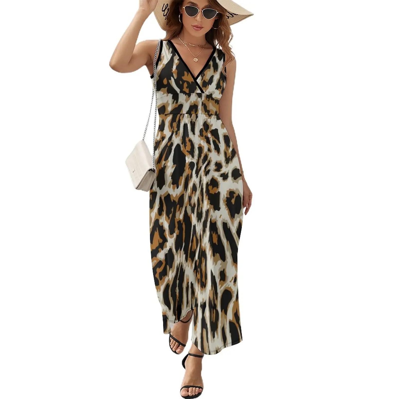 

Cheetah Leopard Print Dress Modern Maxi Dress V Neck Graphic Boho Beach Long Dresses Street Wear Oversized Clothing