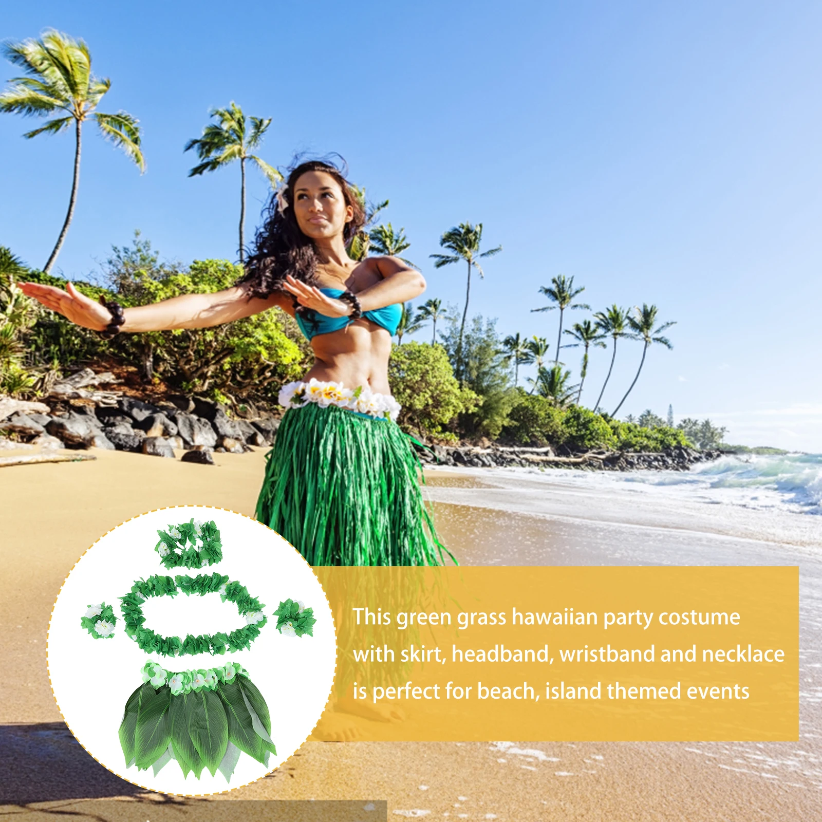 

5pcs Hawaiian Leaf Skirt Set Green Fabric Silk 30" Waist 15" Length Adjustable Elastic Luau Party Beach Theme Costume For Adults