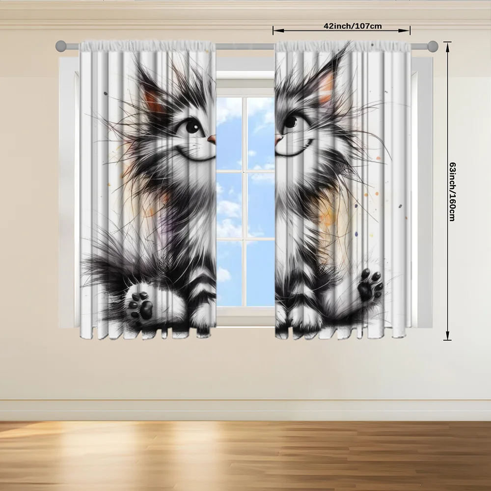Cute Cat Kitten Art Curtains Monochrome Black White Cat Portrait Window Drapes Nursery Decor Modern Pet Lover Gift