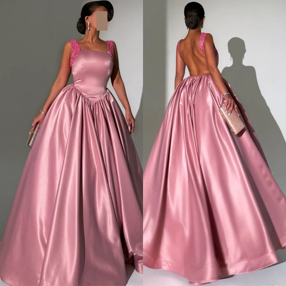 

Customized Formal Satin Backless Evening Dress Delicate Square Collar Prom Dresses Formal Sweep Train Special Occasion Gowns