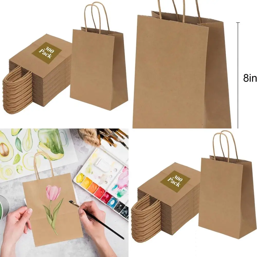 

300 упаковок коричневых крафт-бумажных пакетов размером 5,95x3,25x8 дюймов с ручками для сувениров, покупок и поделок