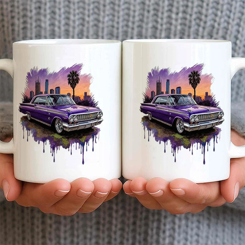 Purple Classic Car City Sunset Colorful Print Ceramic Coffee Mug 11oz 350ml Personalized Custom Microwave Safe Cute Aesthetic Vi