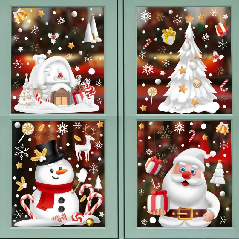 Christmas Window Clings Decorations Snowflakes Claus Merry Christmas Window Stickers PVC for Glass Door for Home Shop Ornament