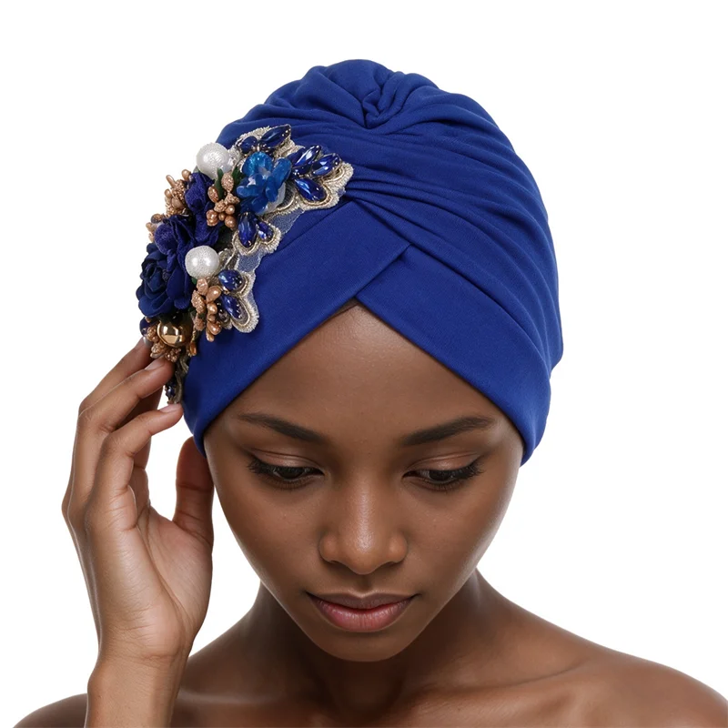 2026 New Pearl Flower Turban Cap for Women African Headties Auto Gele Wedding Party Headscarf Muslim Hijab Bonnet Headwear Hats