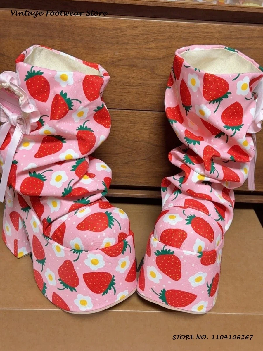 Strawberry Print Platform Booties Sweet Round Toe Chunky Heel Lolita Shoes Women's Street Style Cosplay Pleated Mid-calf Boots