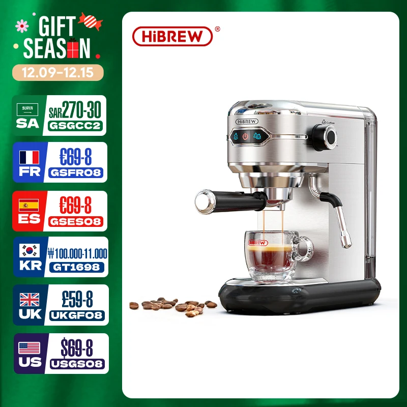 HiBREW Coffee Maker Cafetera 20 Bar Inox Semi Automatic Super Slim ESE POD& Powder Espresso Cappuccino Machine Hot Water H11