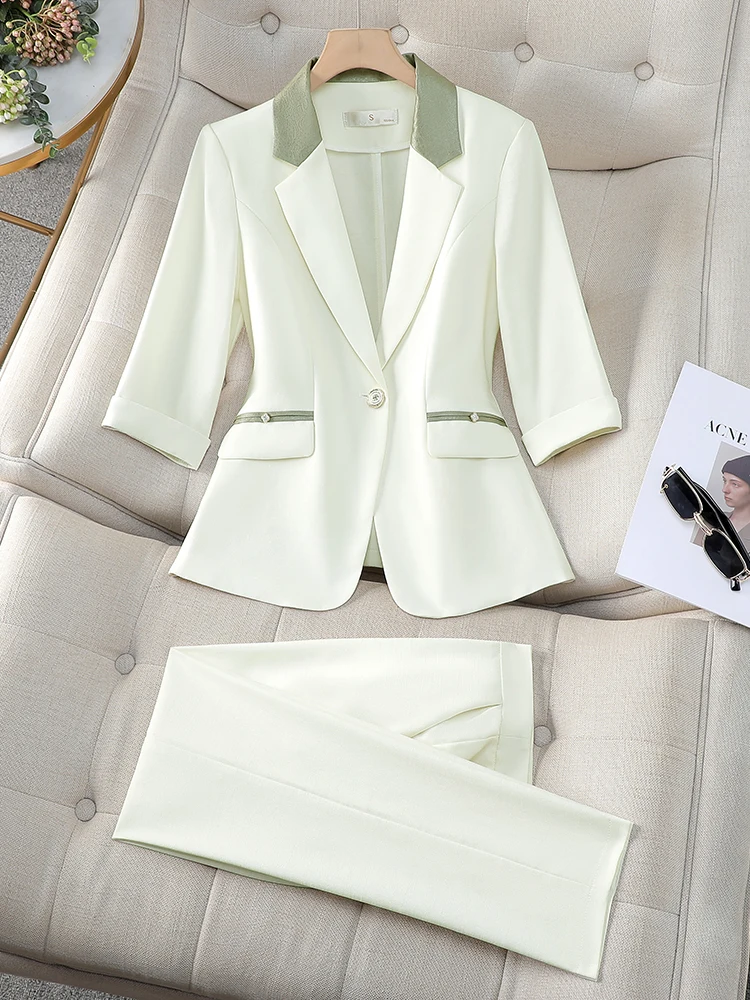 

Milk White Slim Fit Workwear Jacket Women's Small Size Spring Summer Thin Seven Sleeve Professional Suit Commute Style Polyester