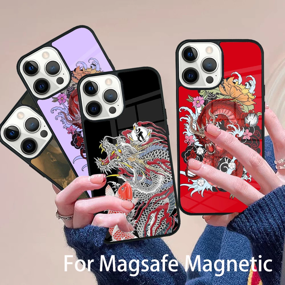 

Japanese Dragon Style Phone Case Magesafe Magnetic Wireless Charge Cover For IPhone 16 11 12 13 14 15 Pro Max Plus Mini