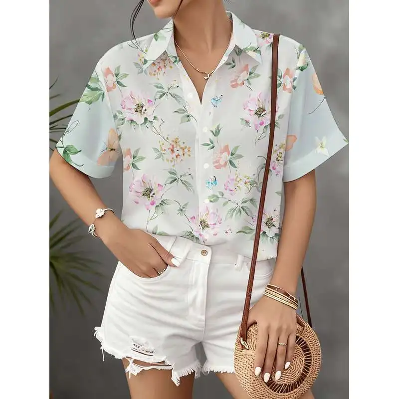 Women's Casual Short-sleeve Button-up Blouse Light-toned Pink Floral Branch Butterflies Pattern Machine-washable Stylish Top