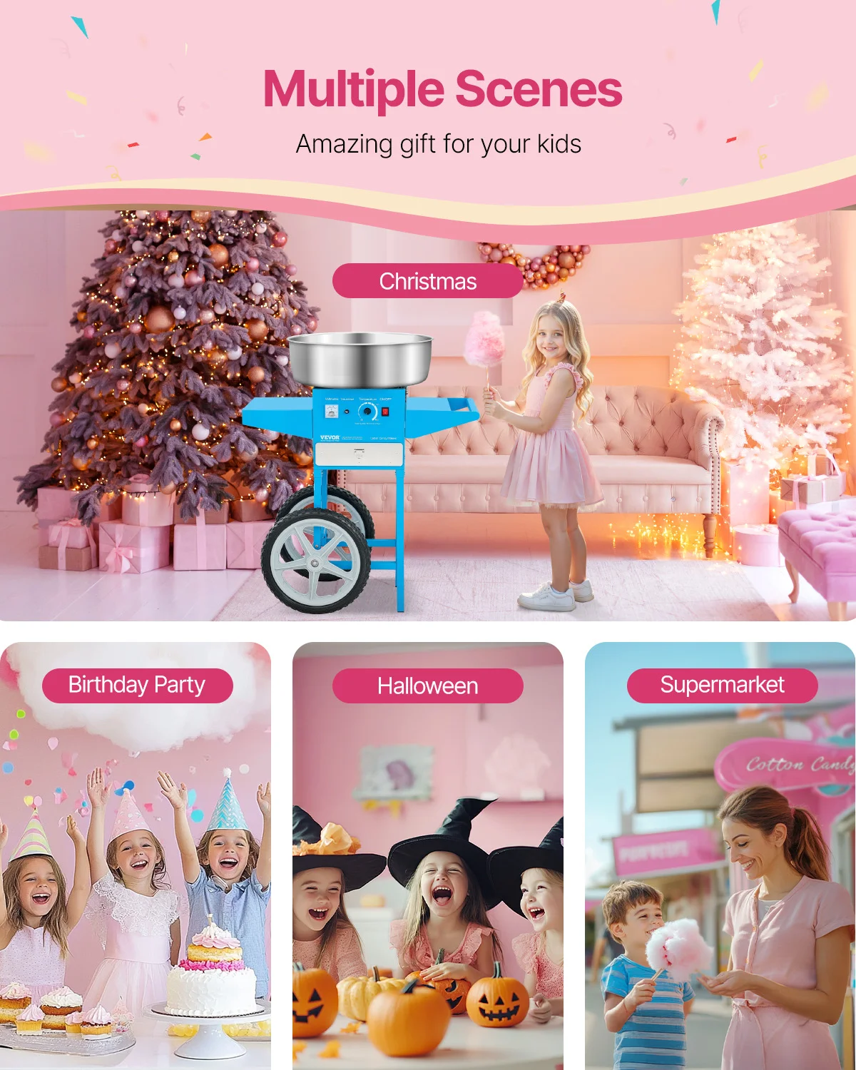 ماكينة حلوى القطن الكهربائية SucceBuy مع عربة صانع خيط الحلوى التجارية مع وعاء من الفولاذ المقاوم للصدأ 20.5 بوصة، مغرفة السكر