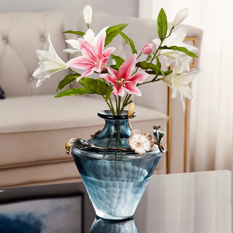 Enamel crystal vase, light luxury, high-end glass vase, flower cultivation, high-end ornaments, living room flower arrangement