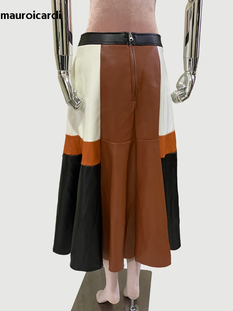 Mauroicardi Spring Long Patchwork Soft Pu Leather Midi Skirt Women High Waist 2024 Elegant Chic Luxury Designer Clothes Fashion