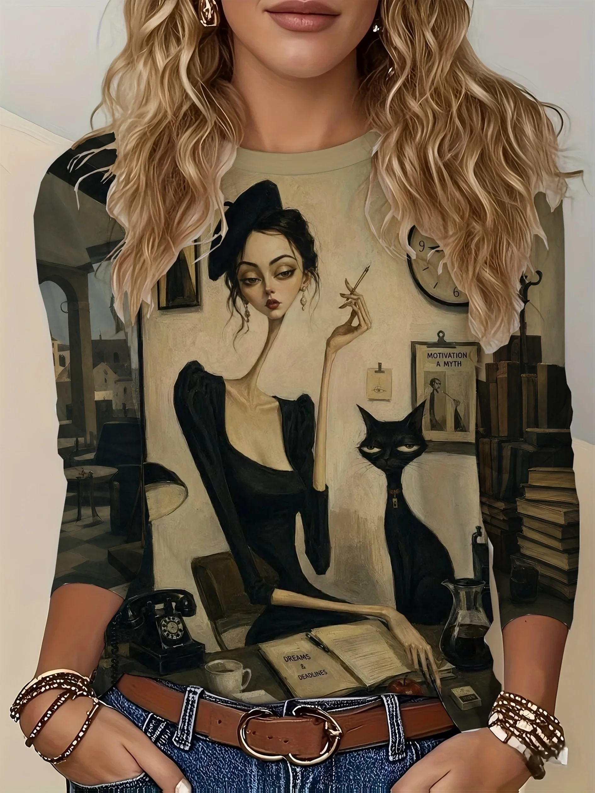 Women's Long Sleeve T-Shirt, Vintage Art Print Featuring Elegant Woman In Black Dress With Cat And Books On Desk, All-Winter Holiday Style Top Suitable For Leisure And Sports Scenarios