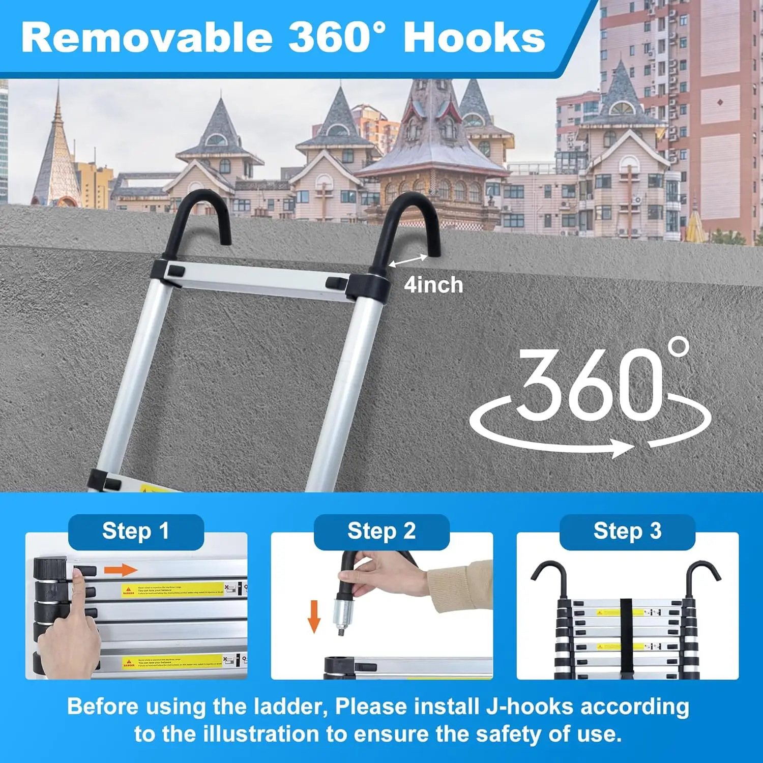 سلم تصغير بطول 20.3 قدم مع خطافات، وصلة قابلة للطي متعددة الأغراض قابلة للتعديل مع مثبتات وعجلات، شديدة التحمل 330