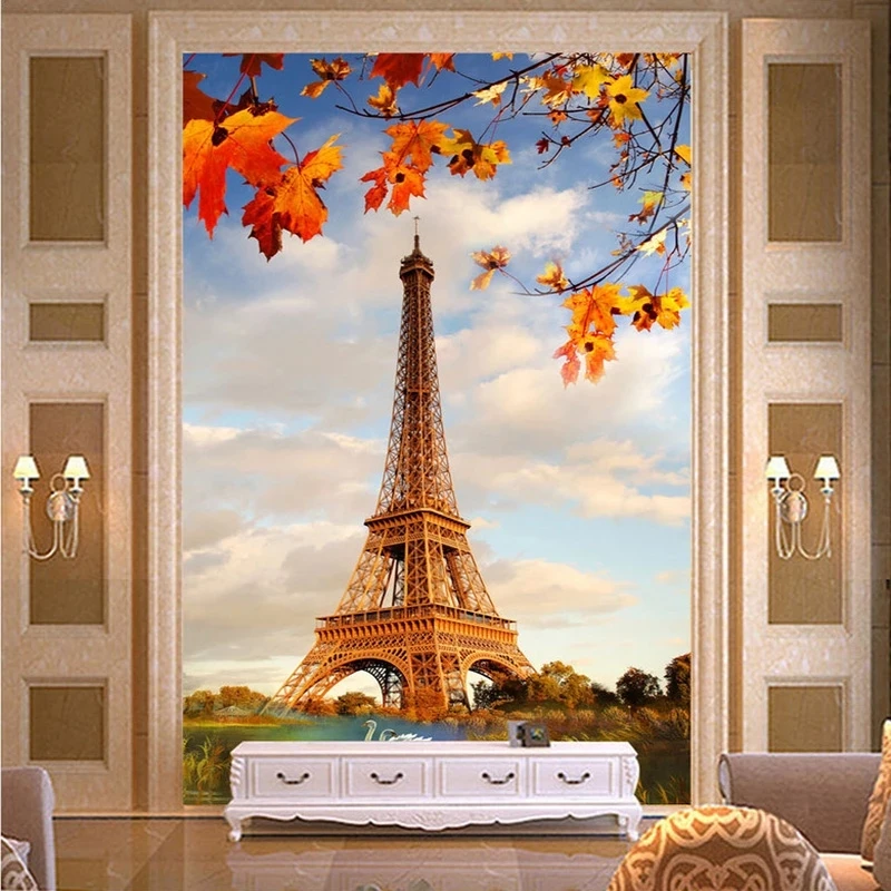 Customized Romantic Maple Leaf Swan Lake Paris Iron Tower Wallpaper Hotel Restaurant Living Room Entrance Decor 3D Mural photo