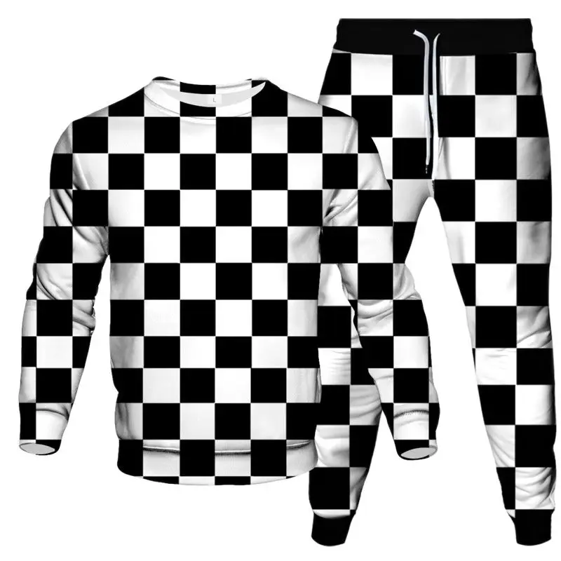 New Spring And Autumn Men's Fashion Sportswear 3D Printed Bullet Plaid Square Pattern Clothing Suit Sweatshirt Pants 2 Sets