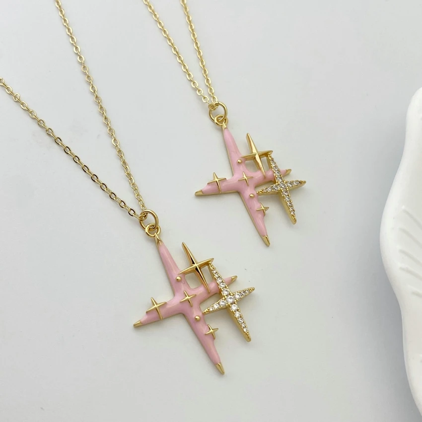 New Fashion Pink Four-Pointed Star Crucifix Pendant Necklace Aesthetic Jewelry Gift