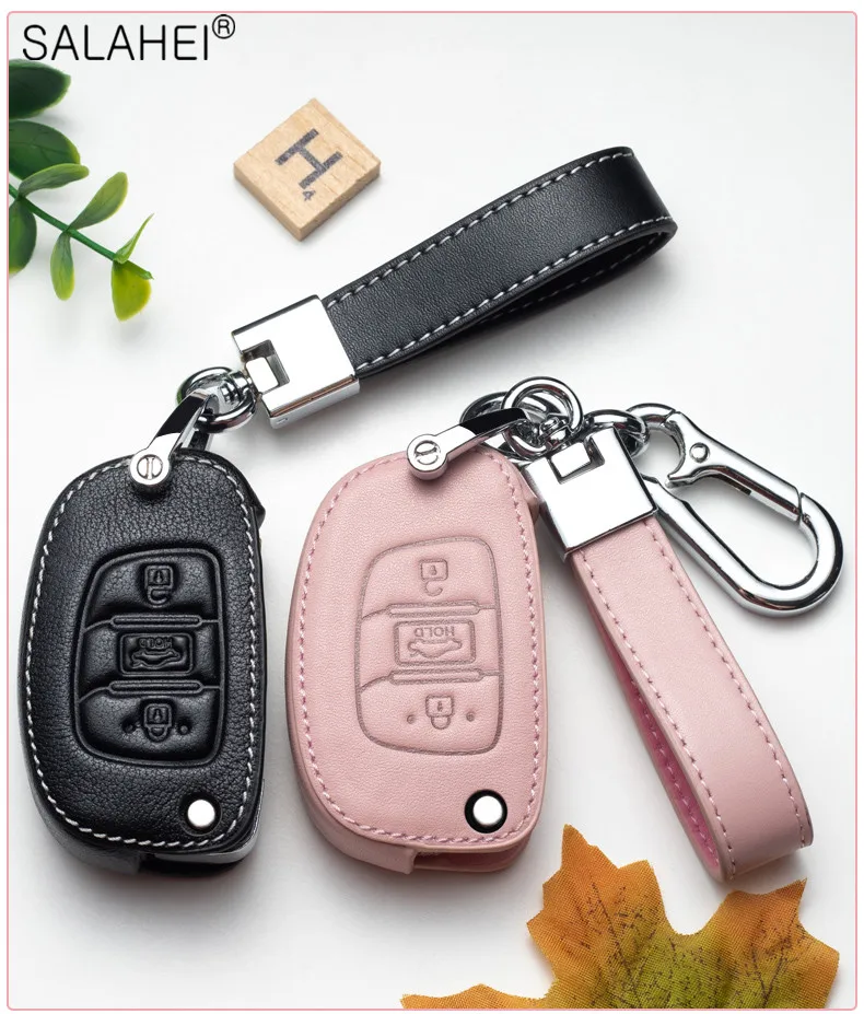 Leather Car Key Case Bag For Hyundai ix25 ix35 i10 i30 Solaris Tucson Sonata Santa Fe Sport Mistra Elantra Creta Verna 2015-2018