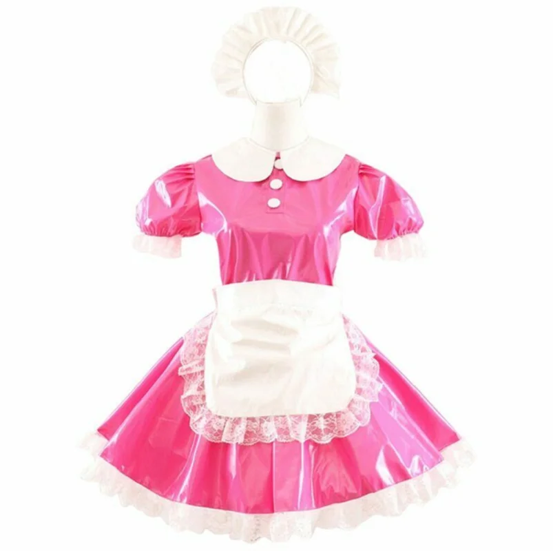 

Maid Cosplay Sissy Sexy Cute Fluffy Pink PVC Like Dress Halloween Custom Glamour Adult