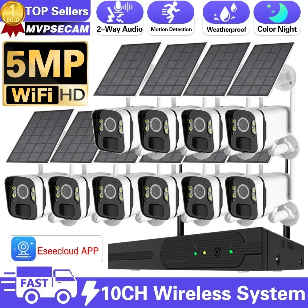 

10CH 5MP NVR Wireless Solar Panel Battery WIFI Camera WiFi NVR Video Surveillance Security System Kit With PIR Detection Monitor