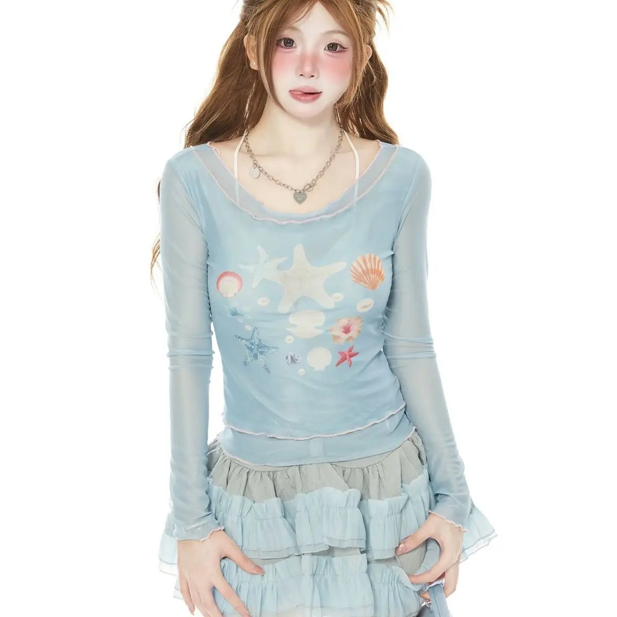 Ropa Y2K, Camiseta de Manga Larga con Estampado Dulce y Volantes de Tul para Mujer, Top Corto Bonito, Ropa Grunge Kawaii, Camisetas Góticas Harajuku