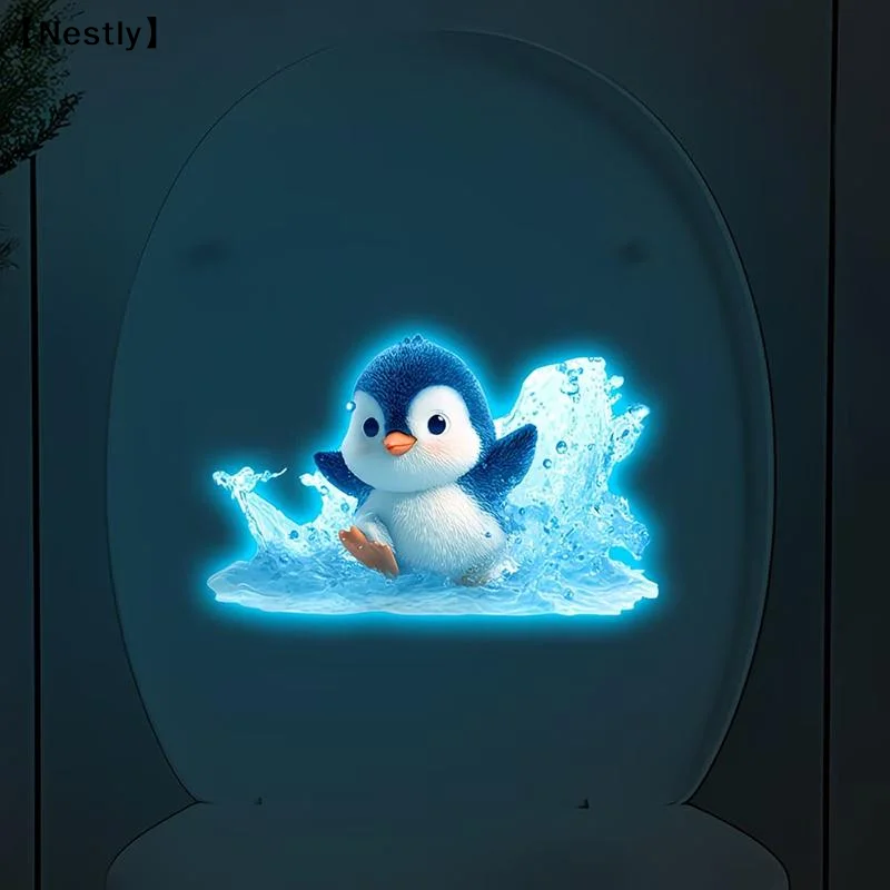 Glow-In-The-Dark Penguin Toilet Sticker Glass Decals Luminous Wall Sticker Self-Adhesive Removable Home Decoration〔Nest〕