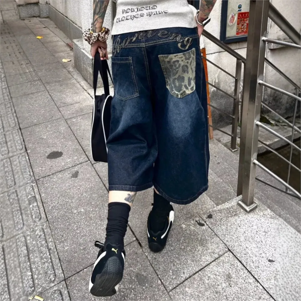 women's jeans 2026 summer new style  vintage all-match simple Bermuda jeans leopard print pockets Patchwork loose ropa mujer
