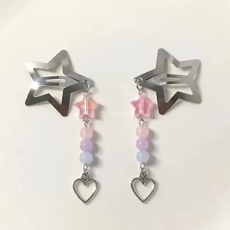 2pcs Korea New Fashion Five-pointed Star Tassel Side Hair Clip Female Creative Handmade Sweet Girl Hair Y2k Butterfly Hairpin view 2